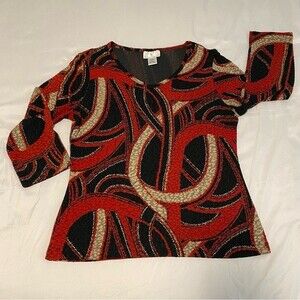 Stunning Red Black Travel Collection V Neck Blouse Top Sexy Size M